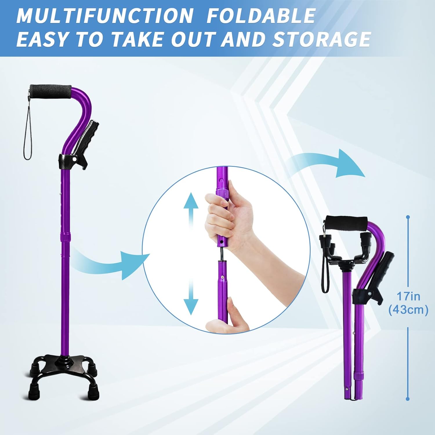 PURPLE - Walking Cane, Stabile 4-Pronged, Foldable. Adjustable, Soft Grip Handle, Second Handle ... Trackable Cuba Home Delivery Included.
