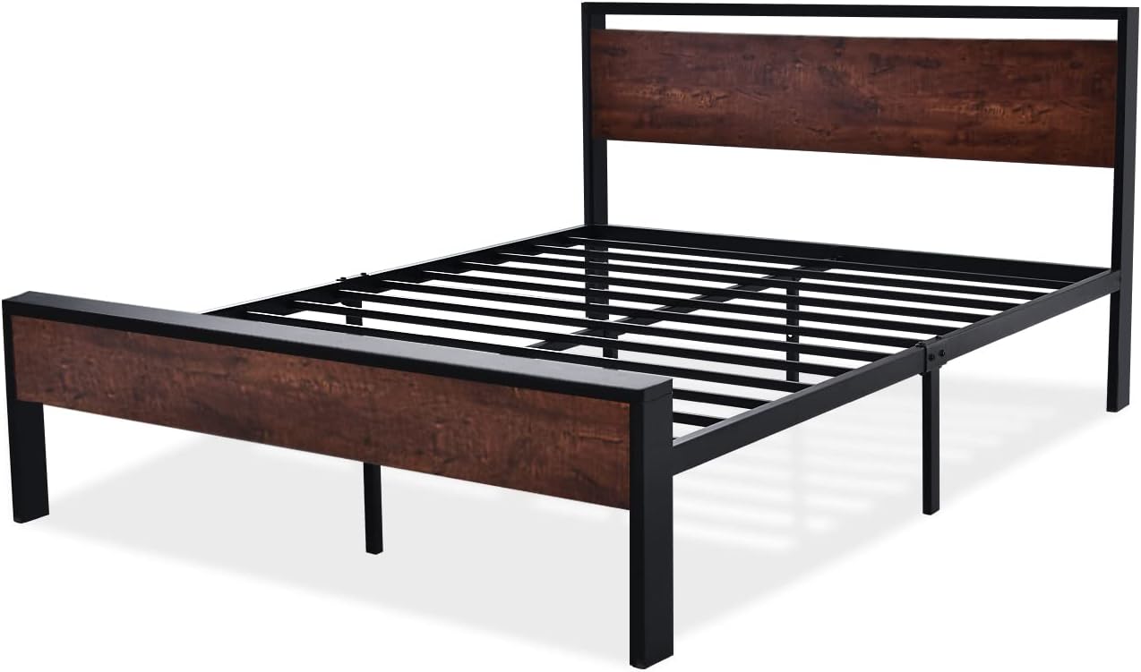 Mahogany 14 Inch FULL SIZE Metal Platform Bed Frame with Wooden Headboard and Footboard ... Trackable Cuba Home Delivery Included.