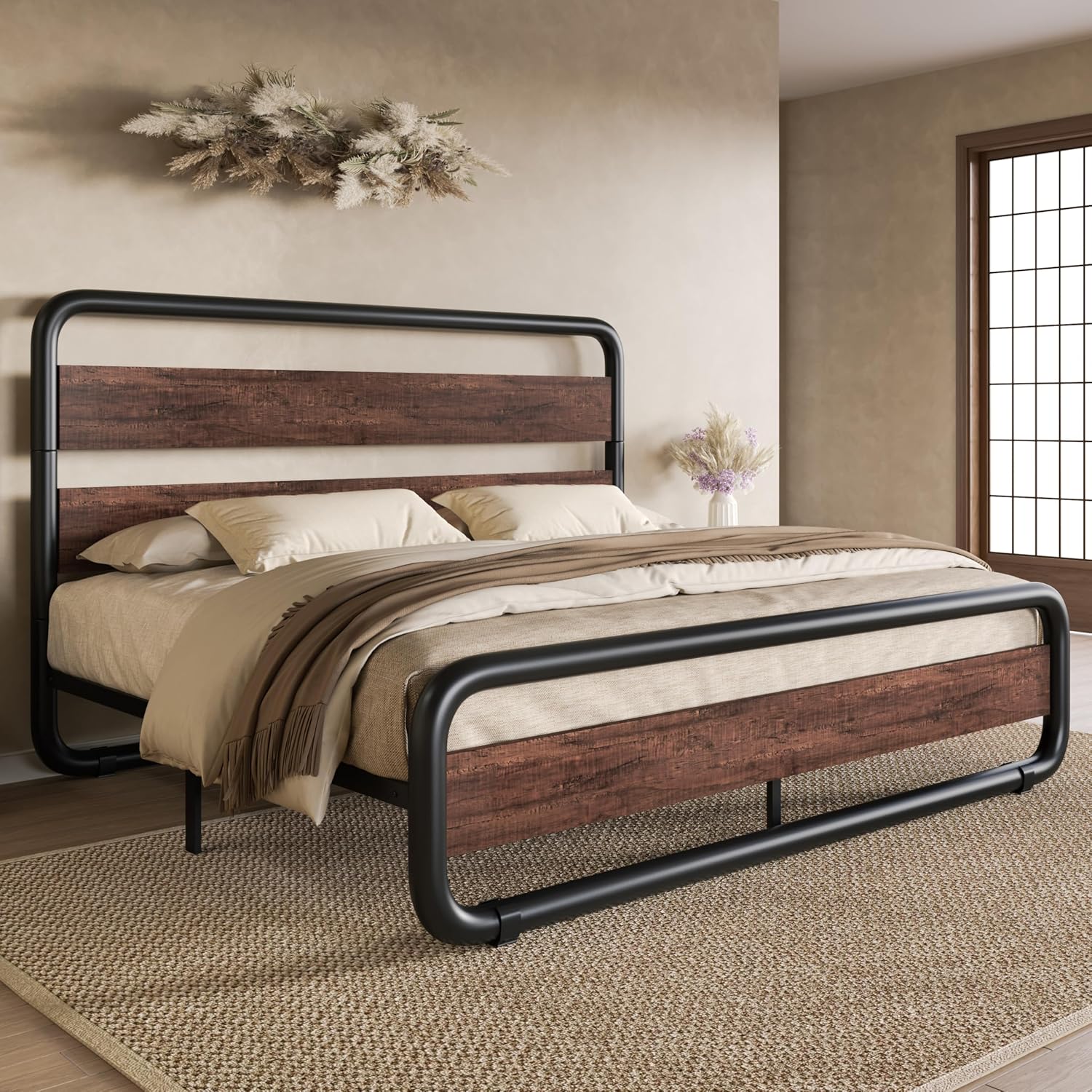 MAHOGANY Oval-Shaped QUEEN SIZE Metal Platform Bed Frame with Wooden Headboard and Footboard ...... Trackable Cuba Home Delivery Included
