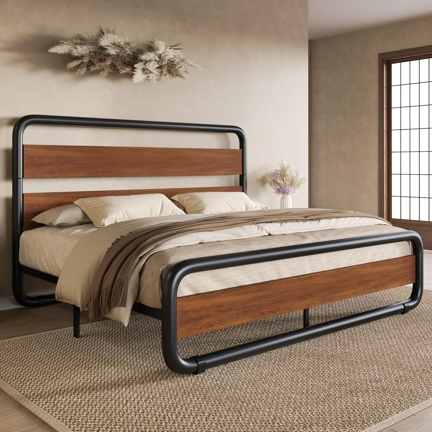 VINTAGE WALNUT Oval-Shaped FULL SIZE Metal Platform Bed Frame with Wooden Headboard and Footboard ...... Trackable Cuba Home Delivery Included