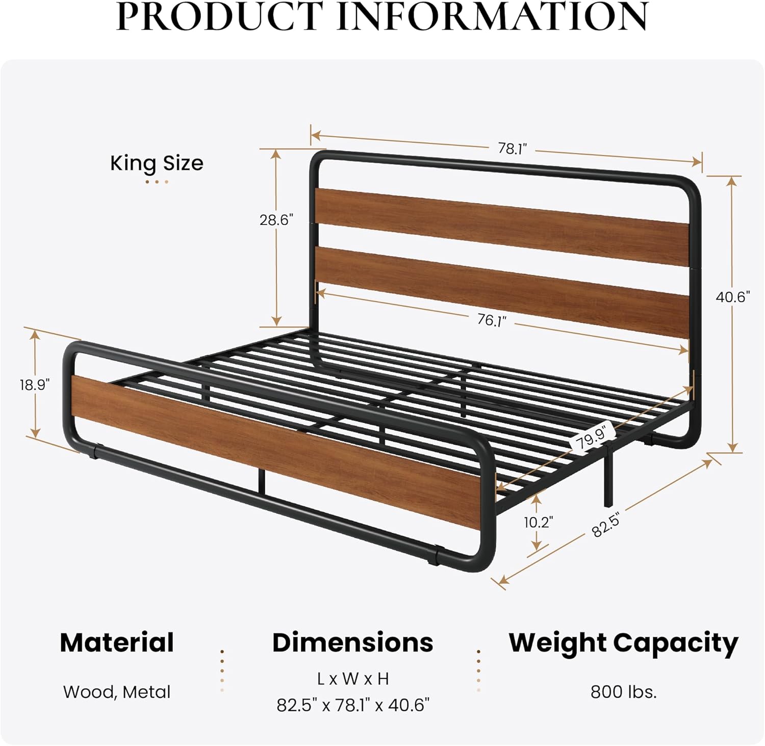 Vintage Walnut, KING SIZE, Oval-Shaped Metal Platform Bed with Wooden Headboard and Footboard ...... Trackable Cuba Home Delivery Included