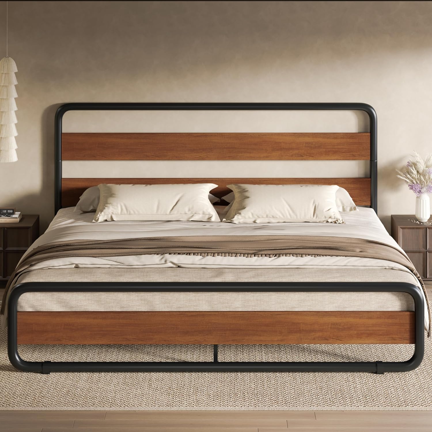 Vintage Walnut, QUEEN Size, Oval-Shaped Metal Platform Bed with Wooden Headboard and Footboard ...... Trackable Cuba Home Delivery Included