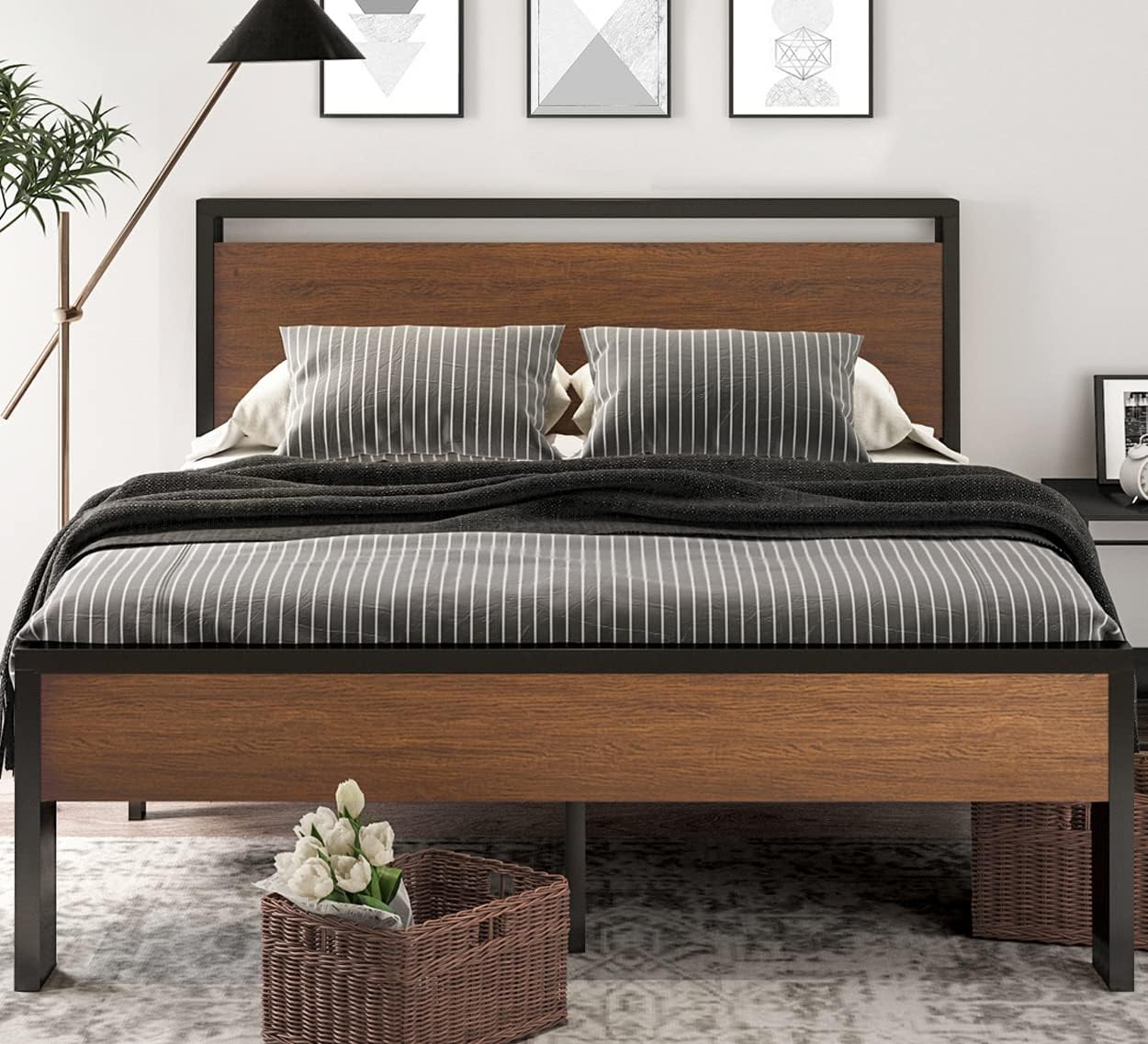 WALNUT 14 Inch QUEEN SIZE Metal Platform Bed Frame with Wooden Headboard and Footboard ...... Trackable Cuba Home Delivery Included