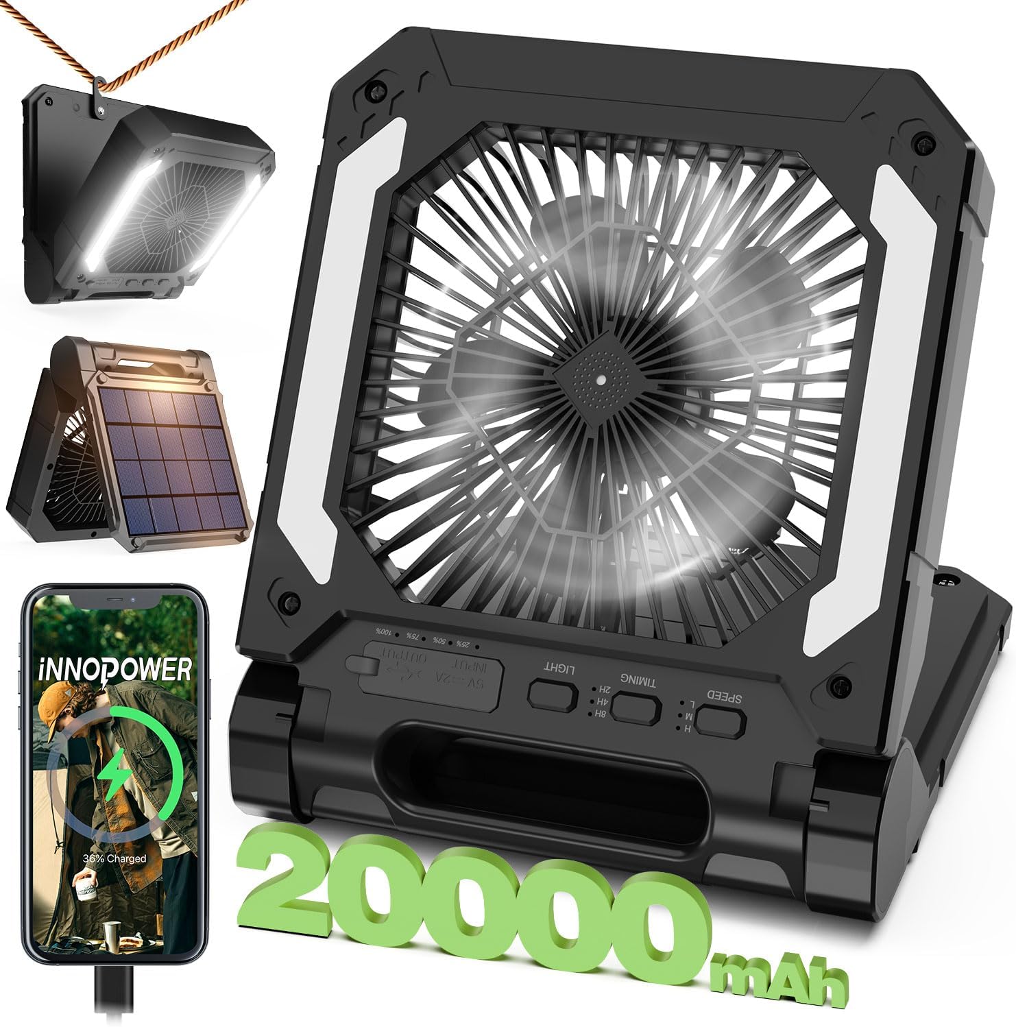 1-PACK BLACK 20000mAh Portable Fan, Solar Panel, Phone Charger, 3 Speeds, Lantern, Quiet ... Cuba Home Delivery Included, Trackable.