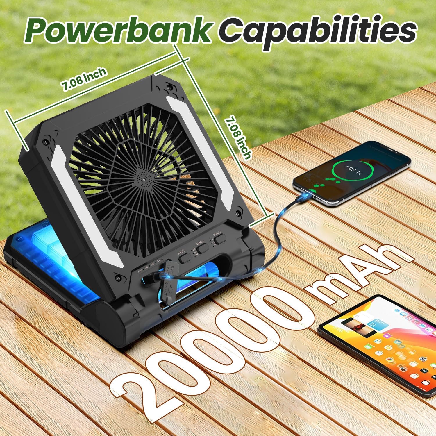 2-PACK, BLACK, 20000mAh Portable Fan, Solar Panel, Phone Charger, 3 Speeds, Lantern, Quiet ... Cuba Home Delivery Included, Trackable.