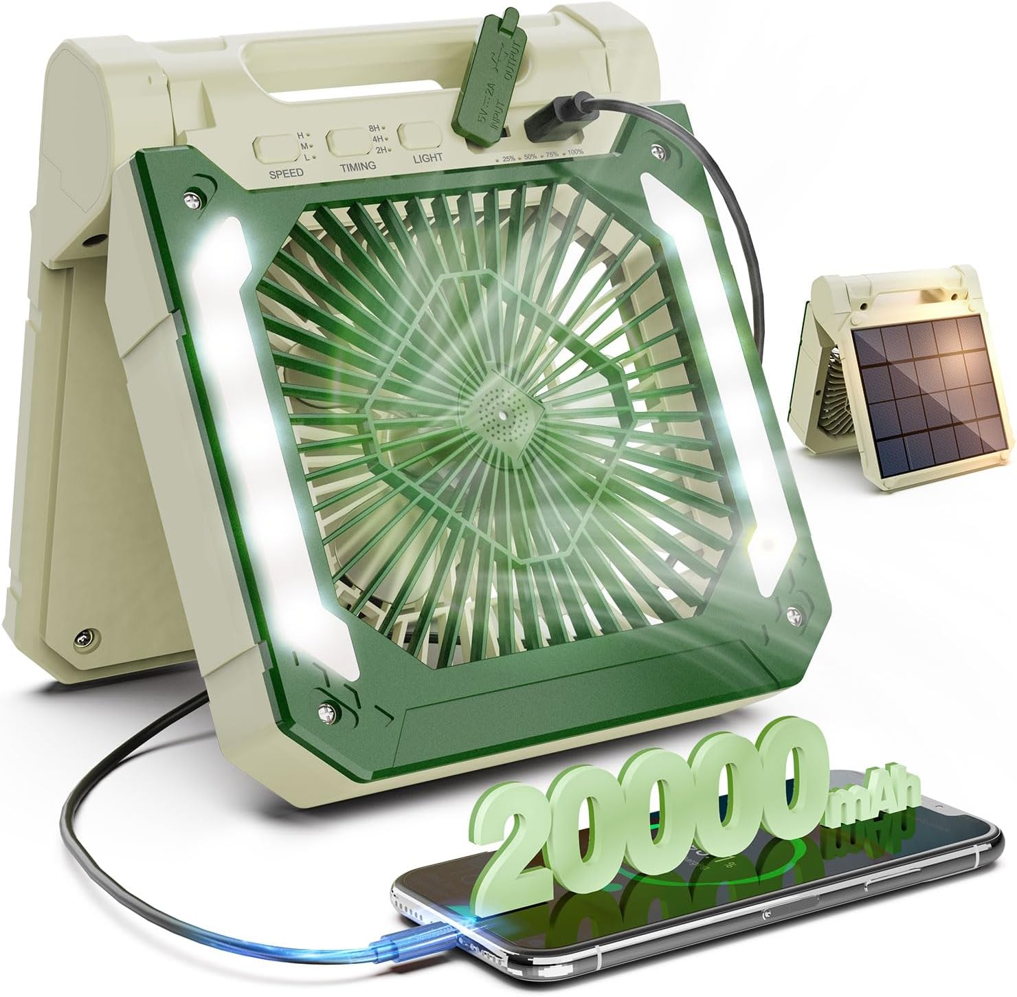 1-PACK, BEIGE, 20000mAh Portable Fan, Solar Panel, Phone Charger, 3 Speeds, Lantern, Quiet ... Cuba Home Delivery Included, Trackable.