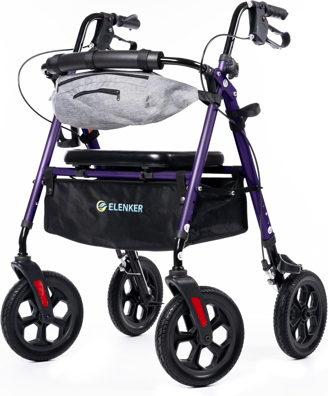 PURPLE - All Terrain Rollator Walker with Seat, Foldable, 10” Solid Wheels, Front Pouch, Cup Holder, Adjustable, ELENKER ... Trackable Cuba Delivery Included.