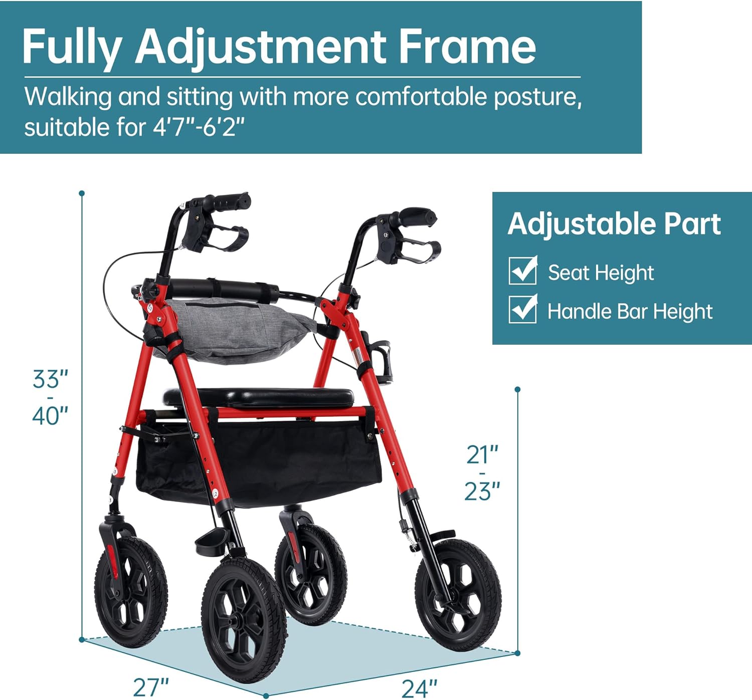 RED - All Terrain Rollator Walker with Seat, Foldable, 10” Solid Wheels, Front Pouch, Cup Holder, Adjustable, ELENKER ... Trackable Cuba Delivery Included.